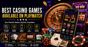 Playmatch online casino platform promotional banner featuring roulette wheel, playing cards, poker chips, slot machines, and mobile app interface highlighting live casino, poker, blackjack, roulette, baccarat, and slots with vibrant neon lighting design.