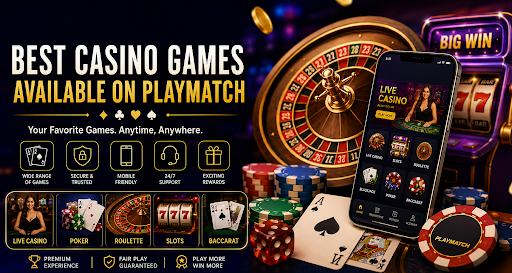 Playmatch online casino platform promotional banner featuring roulette wheel, playing cards, poker chips, slot machines, and mobile app interface highlighting live casino, poker, blackjack, roulette, baccarat, and slots with vibrant neon lighting design.