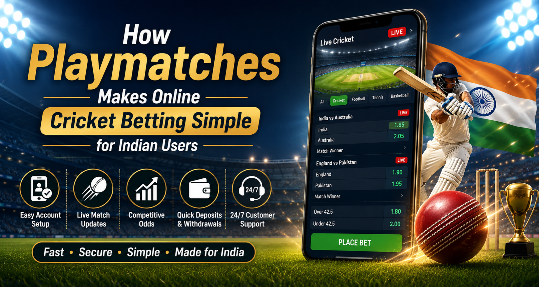How PlayMatches Makes Online Cricket Betting Simple for Indian Users – Illustration of a cricket stadium, smartphone with live match interface, cricket player, ball, stumps, and trophy representing an easy and mobile-friendly online cricket betting experience.