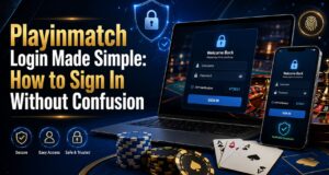 Playinmatch login guide image showing secure sign-in on mobile and laptop with casino gaming elements.