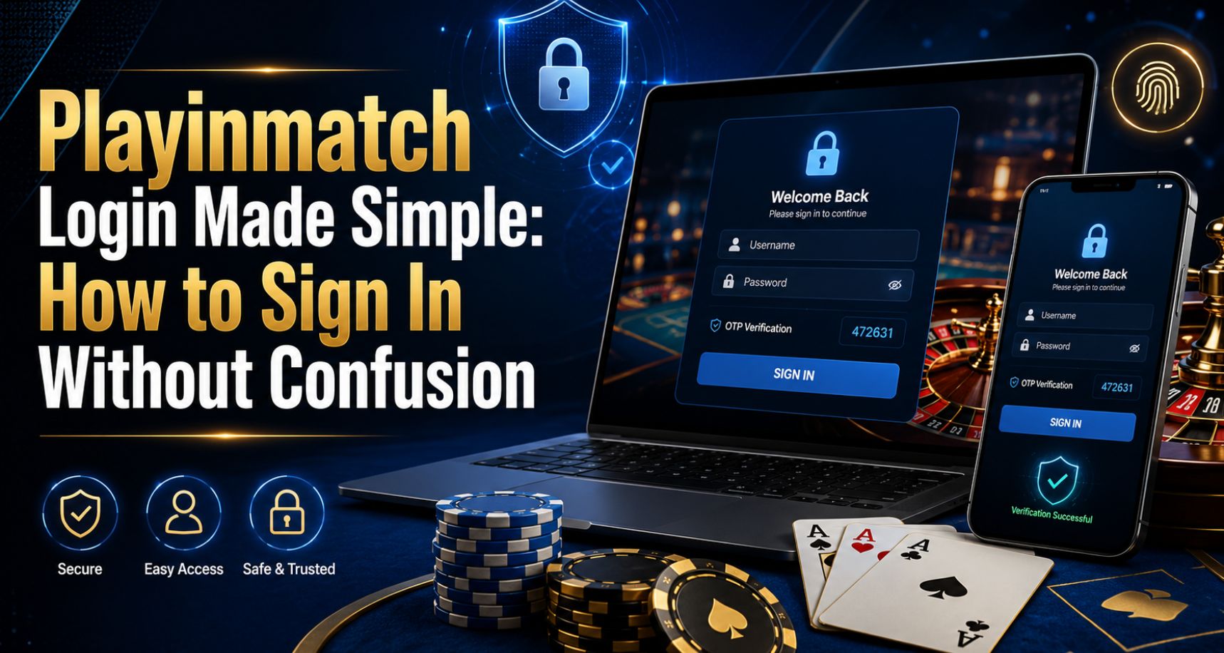 Playinmatch login guide image showing secure sign-in on mobile and laptop with casino gaming elements.