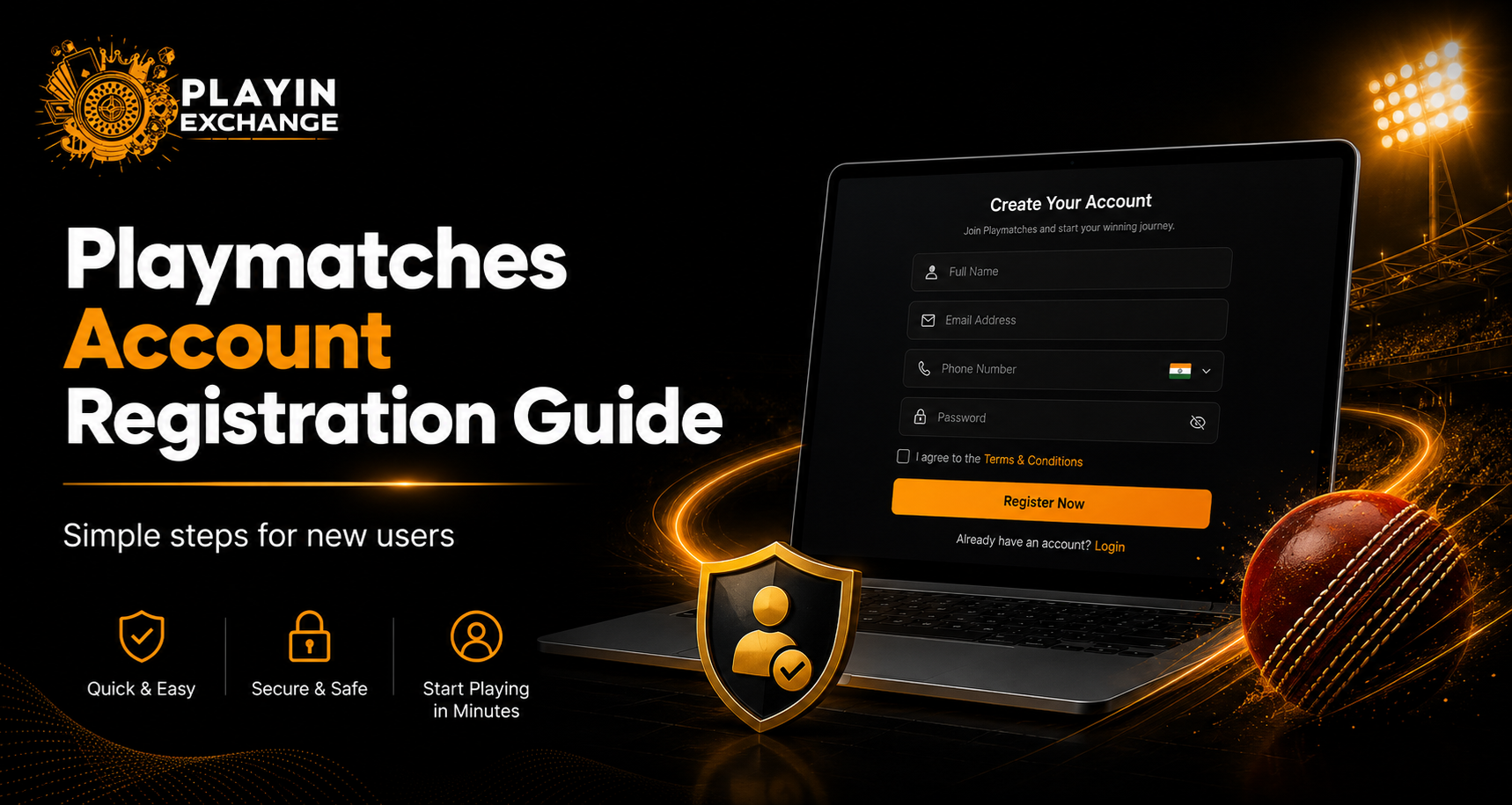 Playmatches account registration guide banner featuring a secure sign-up form on a laptop, cricket ball, stadium lights, and orange-black branding.