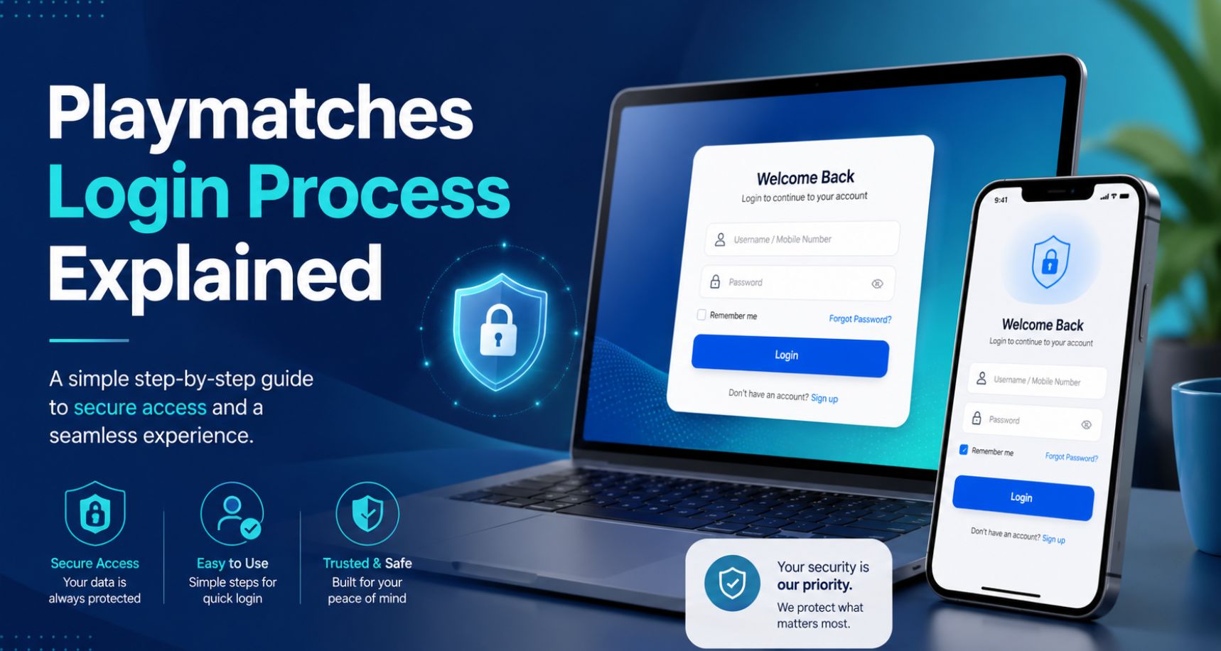 Playmatches login process explained with laptop and mobile login screens, secure access shield icon, and user-friendly account login features.