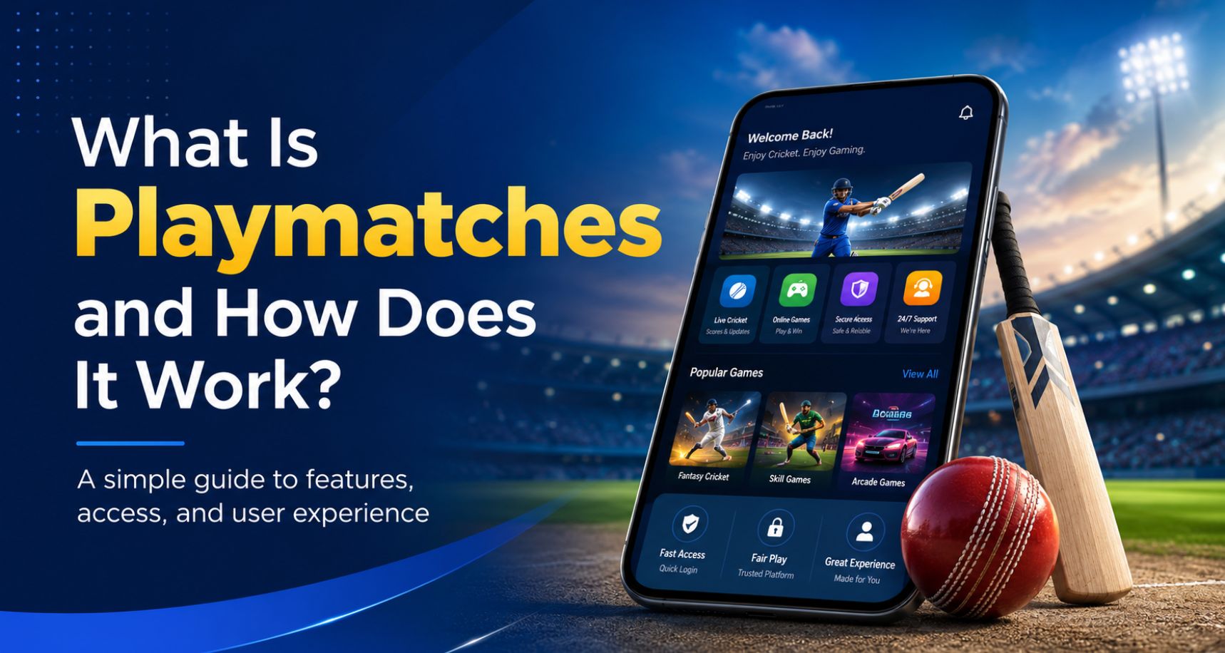 Playmatches online cricket platform guide with mobile app, cricket bat and stadium background.